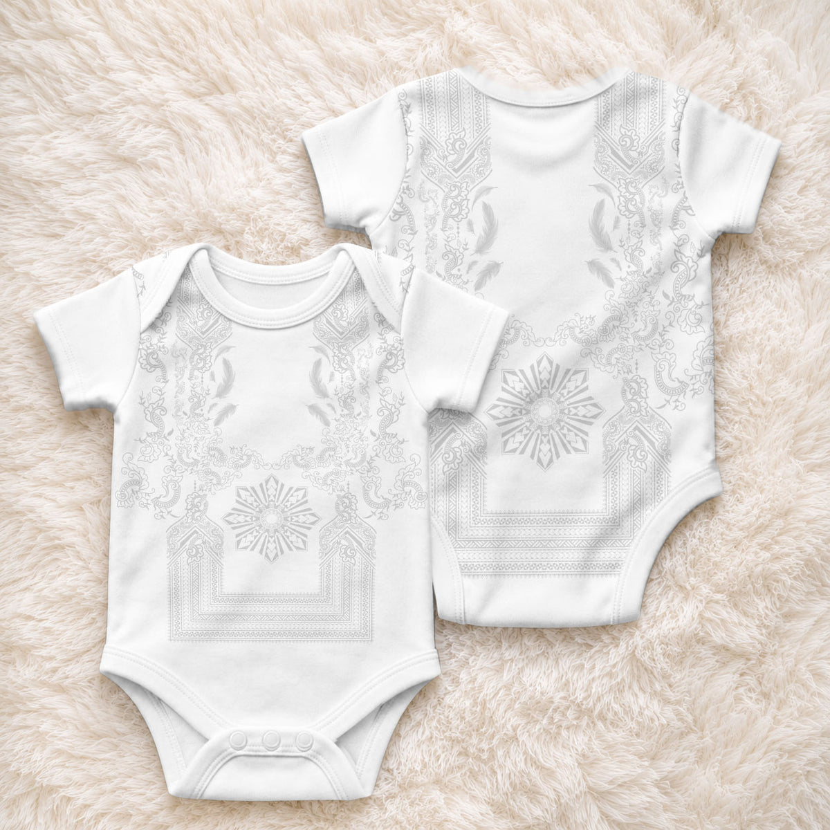 Philippines Barong Style Baby Onesie with Polynesian Art and Leaf Motif White Color
