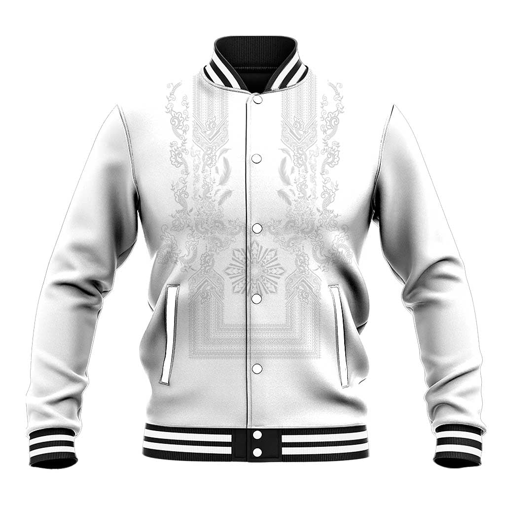 Philippines Barong Style Baseball Jacket with Polynesian Art and Leaf Motif White Color