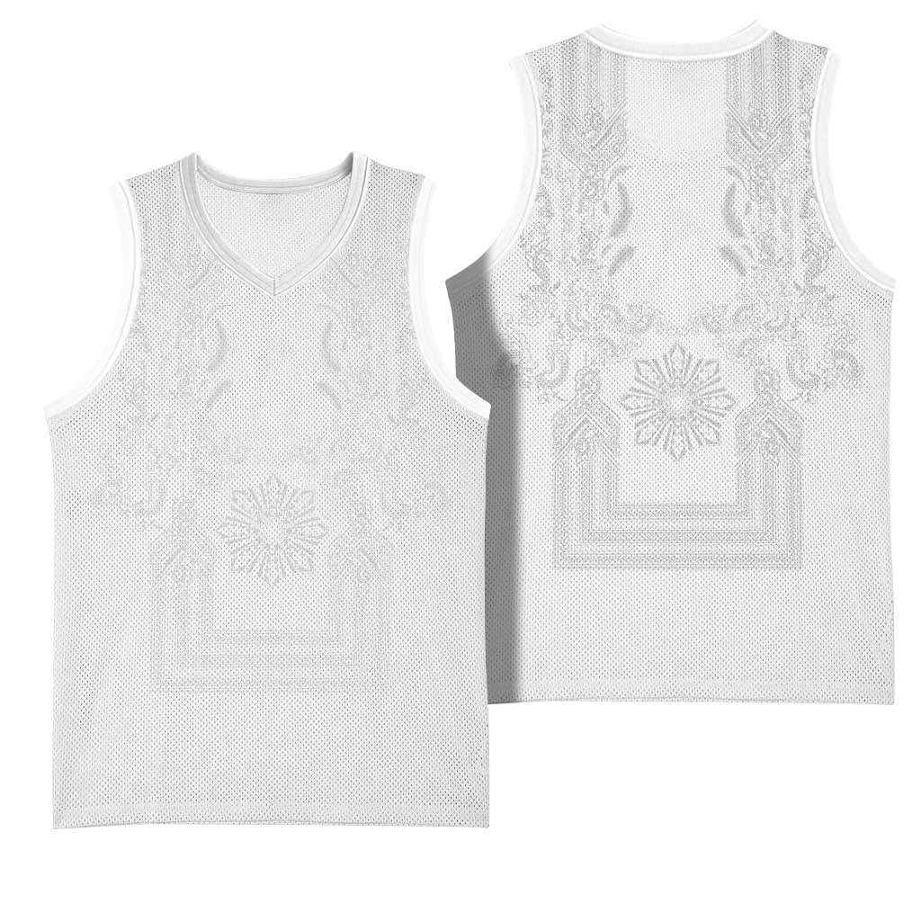 Philippines Barong Style Basketball Jersey with Polynesian Art and Leaf Motif White Color