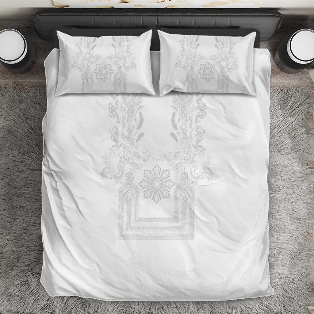 Philippines Barong Style Bedding Set with Polynesian Art and Leaf Motif White Color