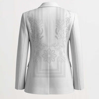Philippines Barong Style Blazer with Polynesian Art and Leaf Motif White Color