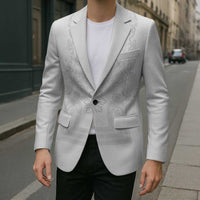 Philippines Barong Style Blazer with Polynesian Art and Leaf Motif White Color