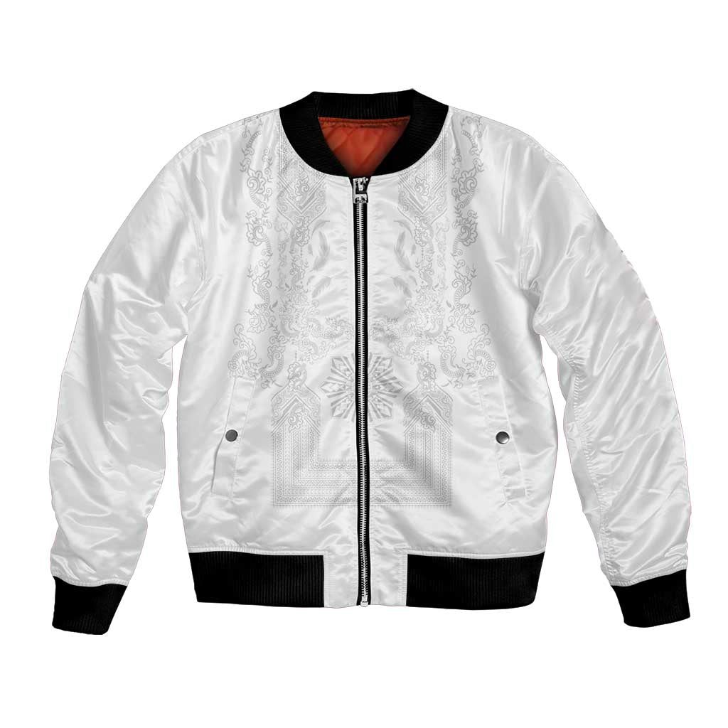 Philippines Barong Style Bomber Jacket with Polynesian Art and Leaf Motif White Color LT03 Unisex White - Polynesian Pride