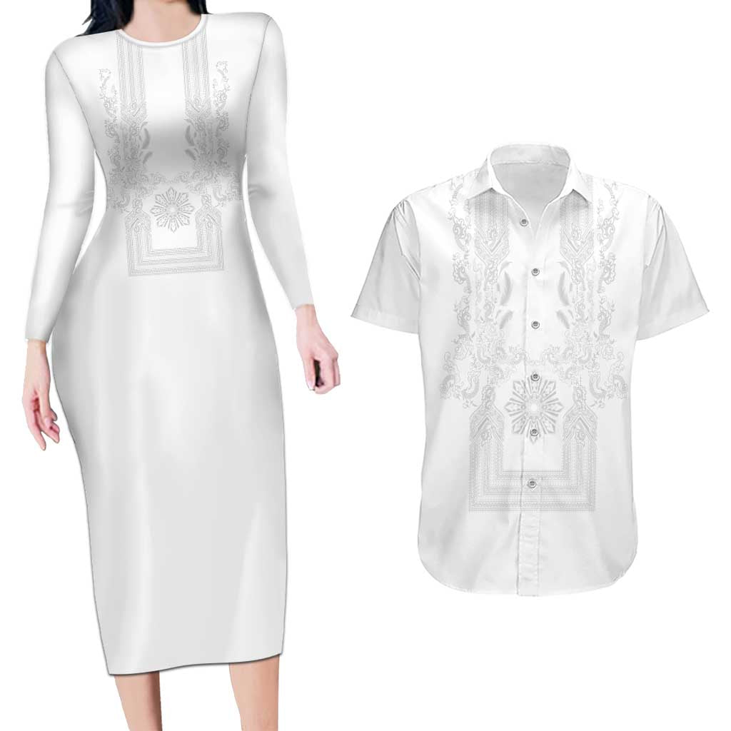 Philippines Barong Style Couples Matching Long Sleeve Bodycon Dress and Hawaiian Shirt with Polynesian Art and Leaf Motif White Color LT03 White - Polynesian Pride