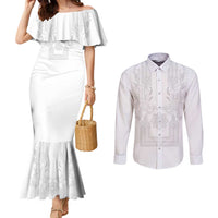 Philippines Barong Style Couples Matching Mermaid Dress and Long Sleeve Button Shirt with Polynesian Art and Leaf Motif White Color LT03 White - Polynesian Pride