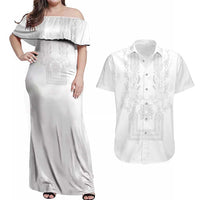 Philippines Barong Style Couples Matching Off Shoulder Maxi Dress and Hawaiian Shirt with Polynesian Art and Leaf Motif White Color LT03 White - Polynesian Pride