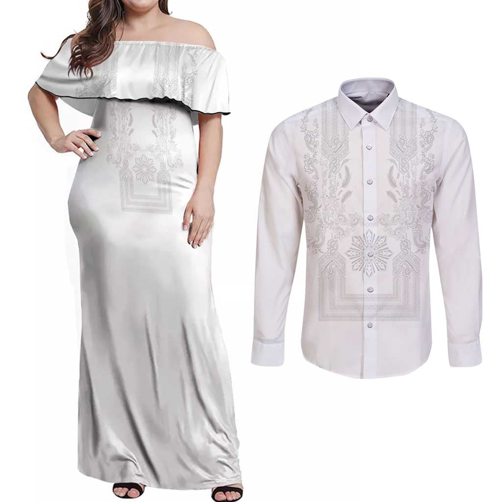 Philippines Barong Style Couples Matching Off Shoulder Maxi Dress and Long Sleeve Button Shirt with Polynesian Art and Leaf Motif White Color