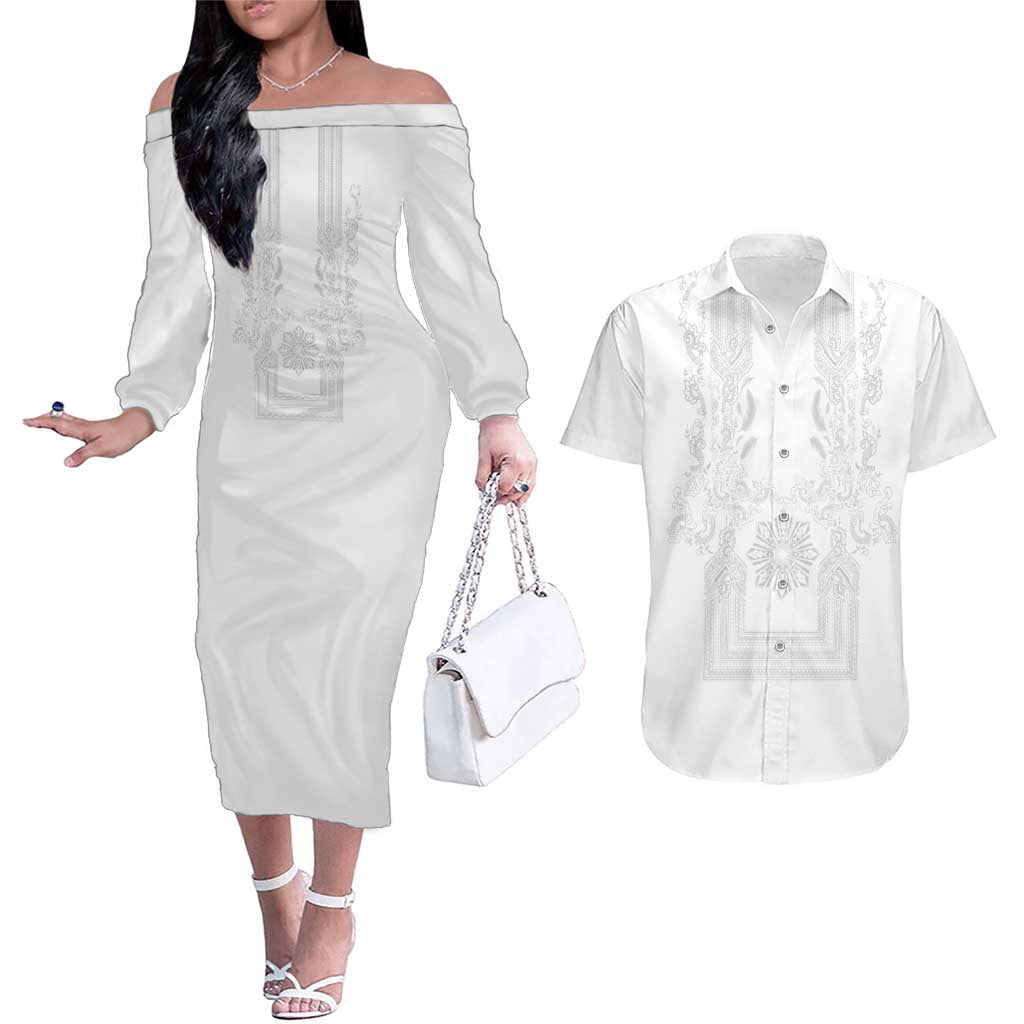 Philippines Barong Style Couples Matching Off The Shoulder Long Sleeve Dress and Hawaiian Shirt with Polynesian Art and Leaf Motif White Color LT03 White - Polynesian Pride