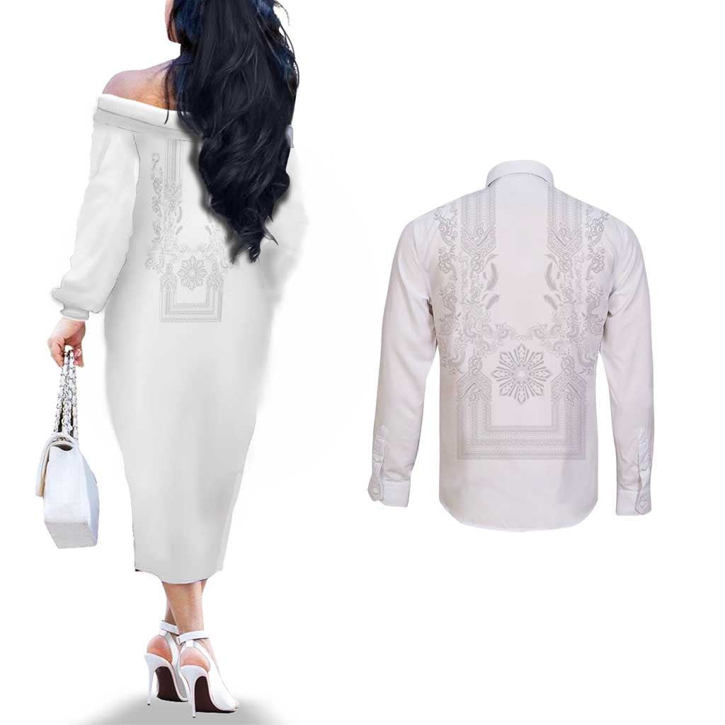 Philippines Barong Style Couples Matching Off The Shoulder Long Sleeve Dress and Long Sleeve Button Shirt with Polynesian Art and Leaf Motif White Color LT03 - Polynesian Pride