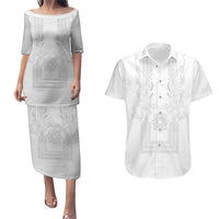 Philippines Barong Style Couples Matching Puletasi and Hawaiian Shirt with Polynesian Art and Leaf Motif White Color LT03 White - Polynesian Pride