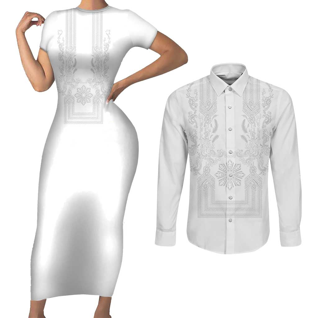 Philippines Barong Style Couples Matching Short Sleeve Bodycon Dress and Long Sleeve Button Shirt with Polynesian Art and Leaf Motif White Color LT03 White - Polynesian Pride