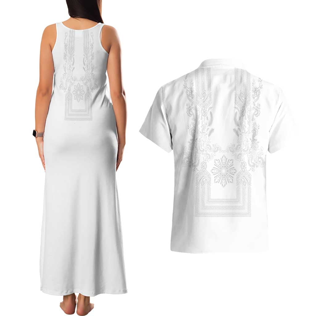 Philippines Barong Style Couples Matching Tank Maxi Dress and Hawaiian Shirt with Polynesian Art and Leaf Motif White Color LT03 - Polynesian Pride