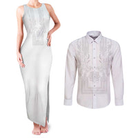 Philippines Barong Style Couples Matching Tank Maxi Dress and Long Sleeve Button Shirt with Polynesian Art and Leaf Motif White Color LT03 White - Polynesian Pride