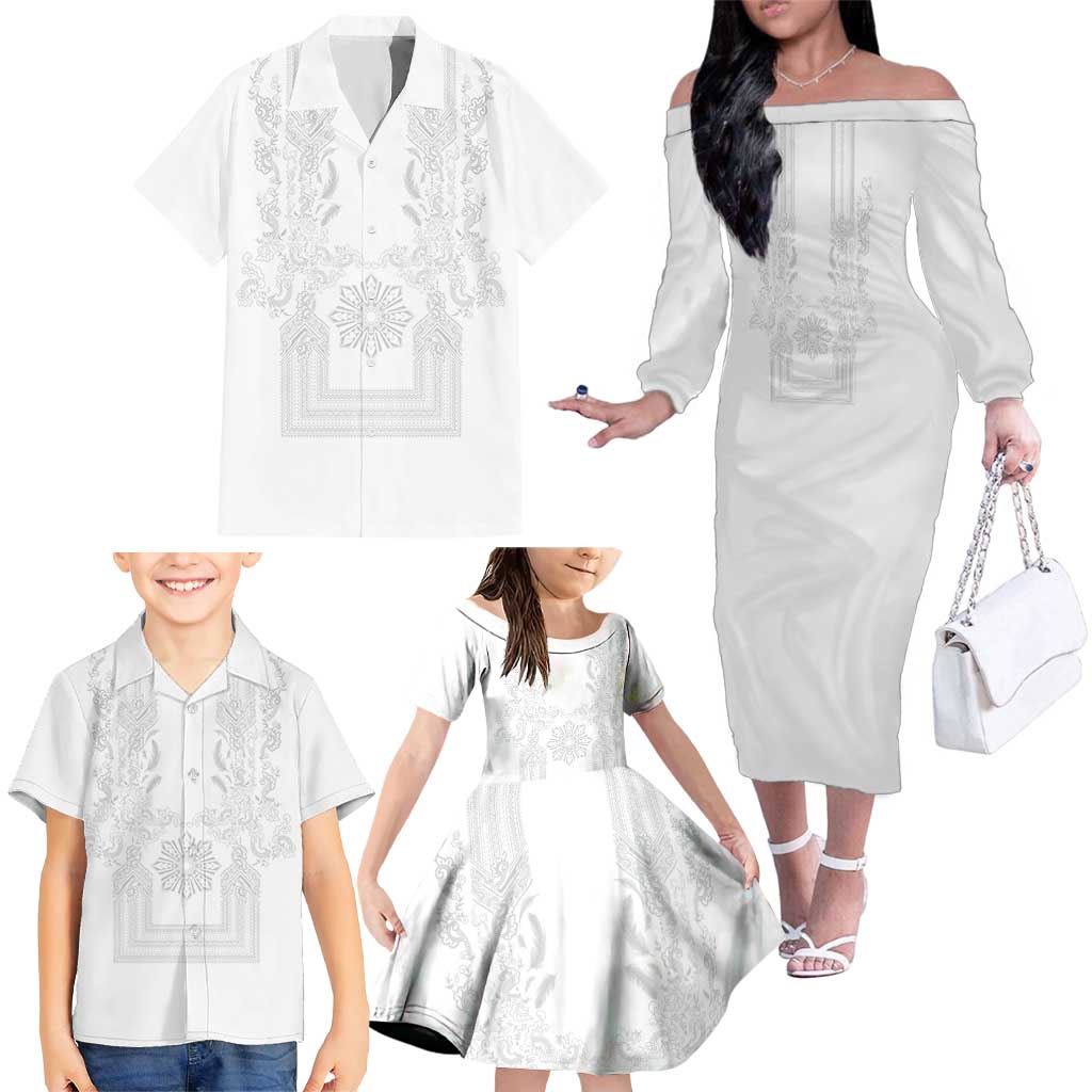 Philippines Barong Style Family Matching Off The Shoulder Long Sleeve Dress and Hawaiian Shirt with Polynesian Art and Leaf Motif White Color LT03 - Polynesian Pride