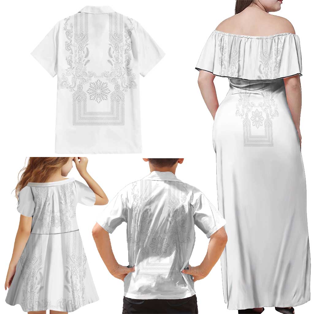 Philippines Barong Style Family Matching Off Shoulder Maxi Dress and Hawaiian Shirt with Polynesian Art and Leaf Motif White Color LT03 - Polynesian Pride
