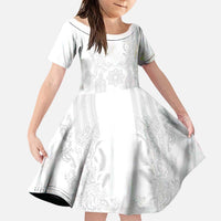 Philippines Barong Style Family Matching Off Shoulder Short Dress and Hawaiian Shirt with Polynesian Art and Leaf Motif White Color LT03 Daughter's Dress White - Polynesian Pride