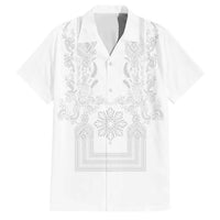 Philippines Barong Style Family Matching Off Shoulder Short Dress and Hawaiian Shirt with Polynesian Art and Leaf Motif White Color LT03 Dad's Shirt - Short Sleeve White - Polynesian Pride