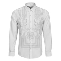 Philippines Barong Style Family Matching Off Shoulder Short Dress and Hawaiian Shirt with Polynesian Art and Leaf Motif White Color LT03 Dad's Shirt - Long Sleeve White - Polynesian Pride