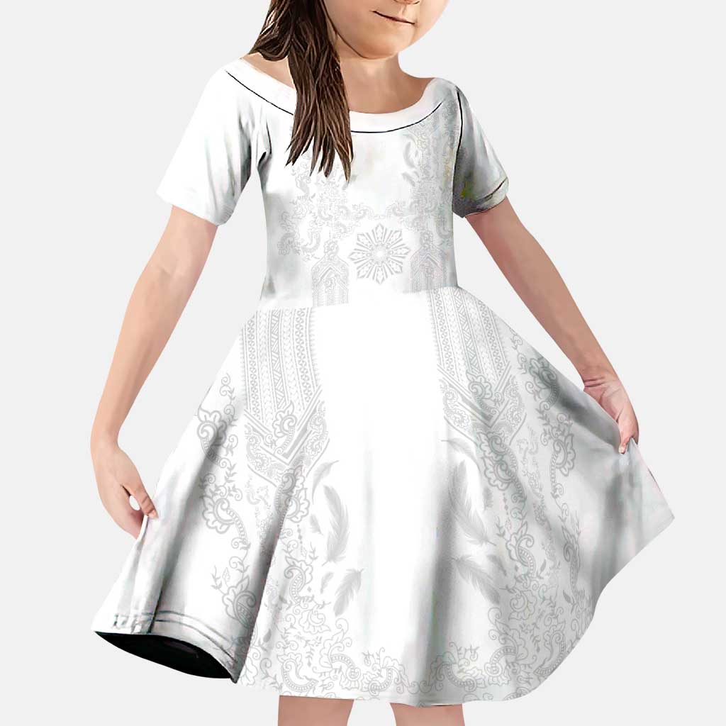 Philippines Barong Style Family Matching Puletasi and Hawaiian Shirt with Polynesian Art and Leaf Motif White Color LT03 Daughter's Dress White - Polynesian Pride