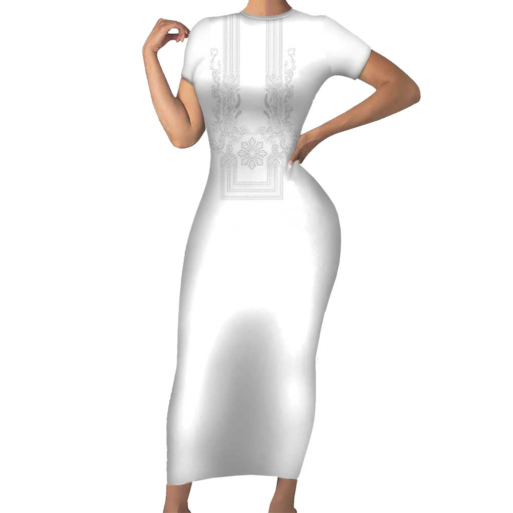 Philippines Barong Style Family Matching Short Sleeve Bodycon Dress and Hawaiian Shirt with Polynesian Art and Leaf Motif White Color LT03 Mom's Dress White - Polynesian Pride