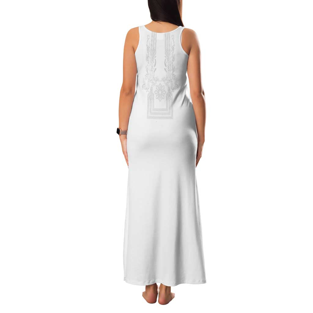 Philippines Barong Style Family Matching Tank Maxi Dress and Hawaiian Shirt with Polynesian Art and Leaf Motif White Color LT03 - Polynesian Pride