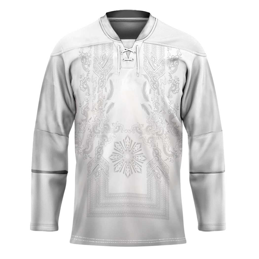 Philippines Barong Style Hockey Jersey with Polynesian Art and Leaf Motif White Color