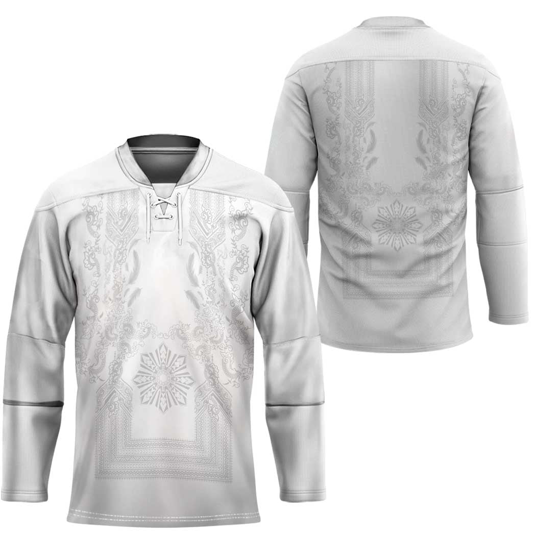Philippines Barong Style Hockey Jersey with Polynesian Art and Leaf Motif White Color