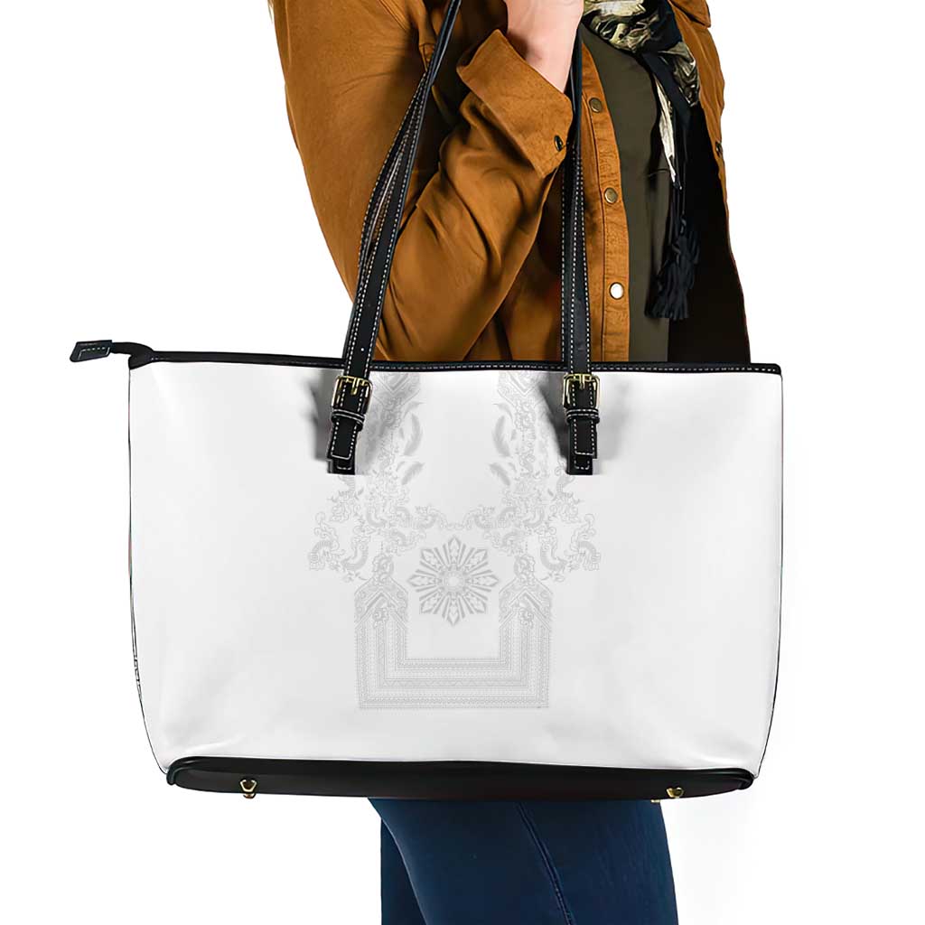 Philippines Barong Style Leather Tote Bag with Polynesian Art and Leaf Motif White Color