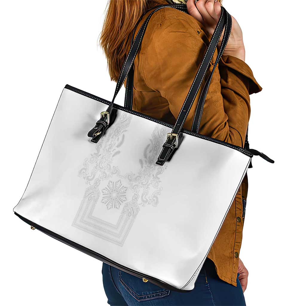 Philippines Barong Style Leather Tote Bag with Polynesian Art and Leaf Motif White Color