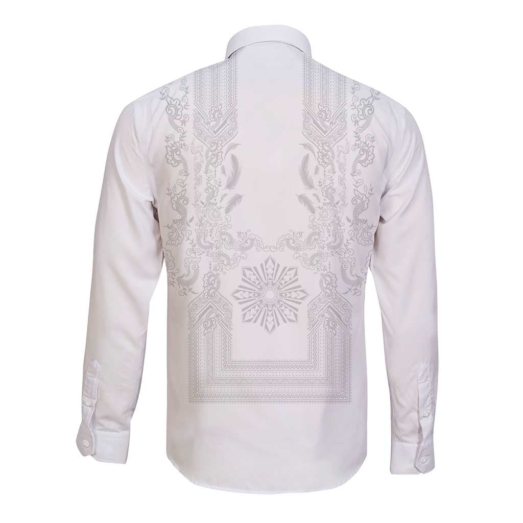 Philippines Barong Style Long Sleeve Button Shirt with Polynesian Art and Leaf Motif White Color