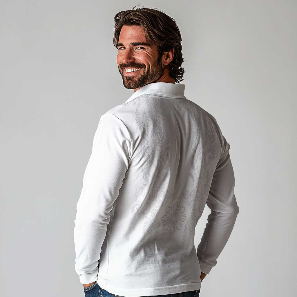 Philippines Barong Style Long Sleeve Polo Shirt with Polynesian Art and Leaf Motif White Color