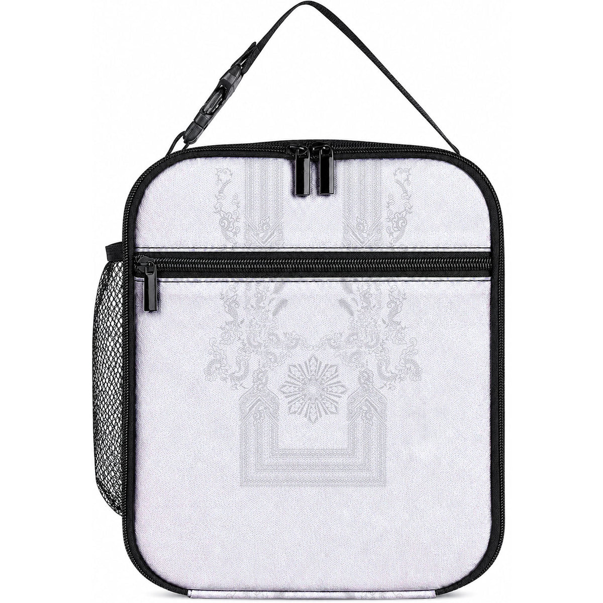 Philippines Barong Style Lunch Bag with Polynesian Art and Leaf Motif White Color