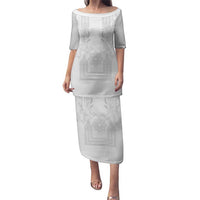 Philippines Barong Style Puletasi with Polynesian Art and Leaf Motif White Color