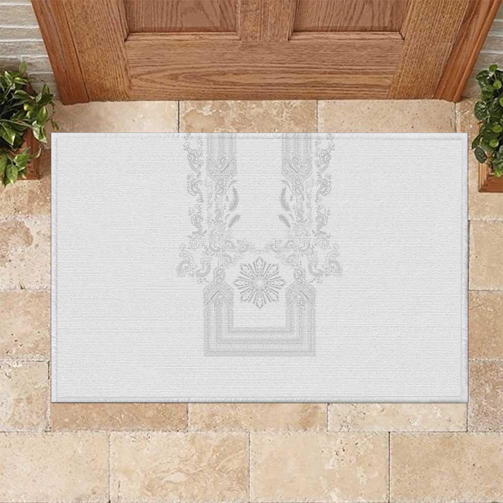 Philippines Barong Style Rubber Doormat with Polynesian Art and Leaf Motif White Color