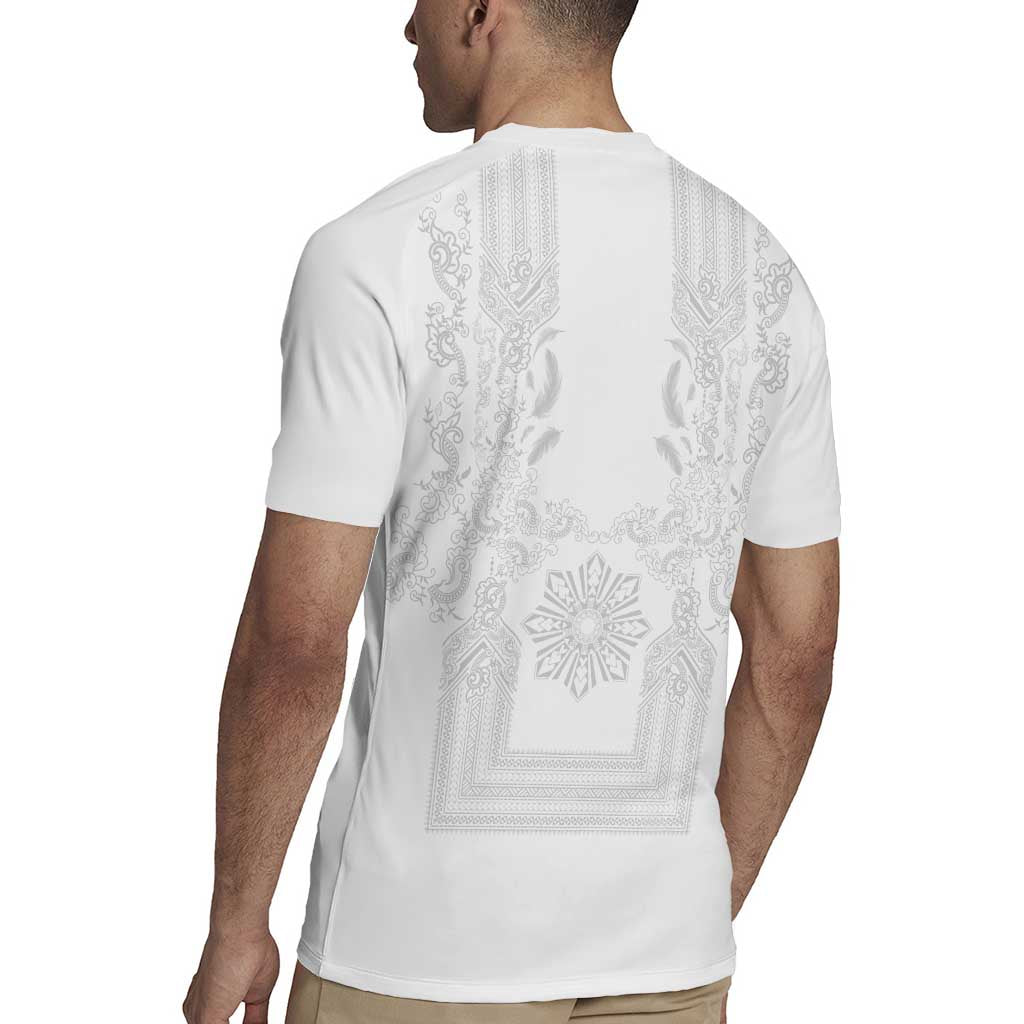 Philippines Barong Style Rugby Jersey with Polynesian Art and Leaf Motif White Color
