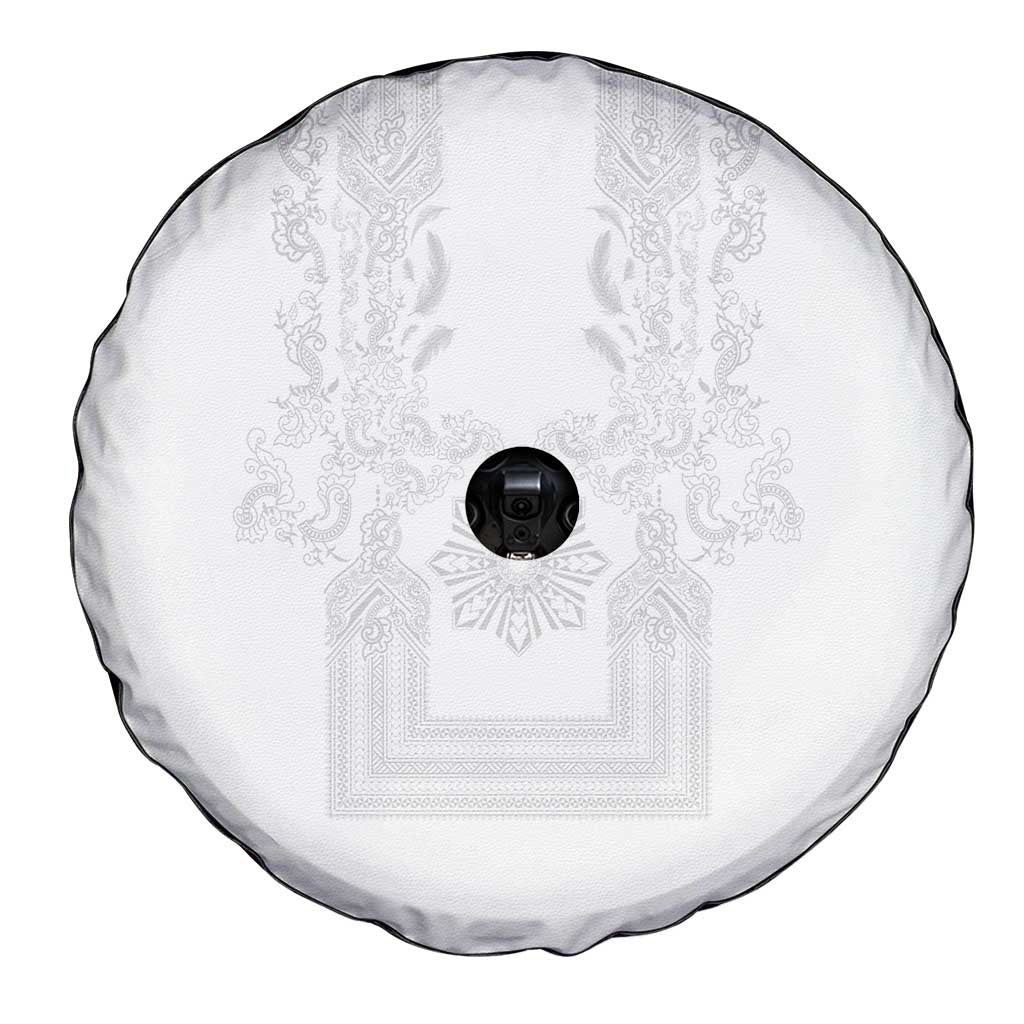 Philippines Barong Style Spare Tire Cover with Polynesian Art and Leaf Motif White Color