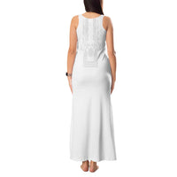Philippines Barong Style Tank Maxi Dress with Polynesian Art and Leaf Motif White Color
