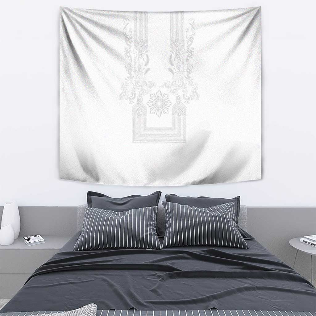 Philippines Barong Style Tapestry with Polynesian Art and Leaf Motif White Color