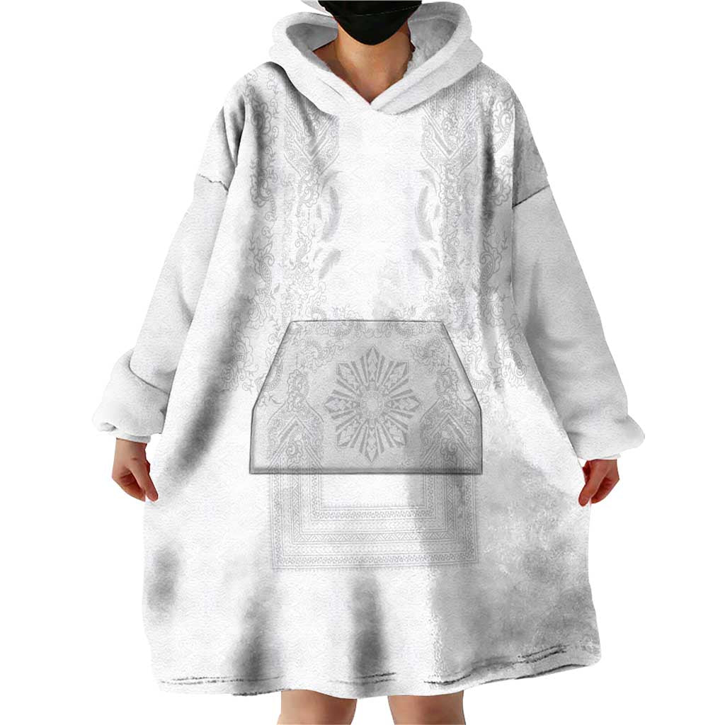 Philippines Barong Style Wearable Blanket Hoodie with Polynesian Art and Leaf Motif White Color
