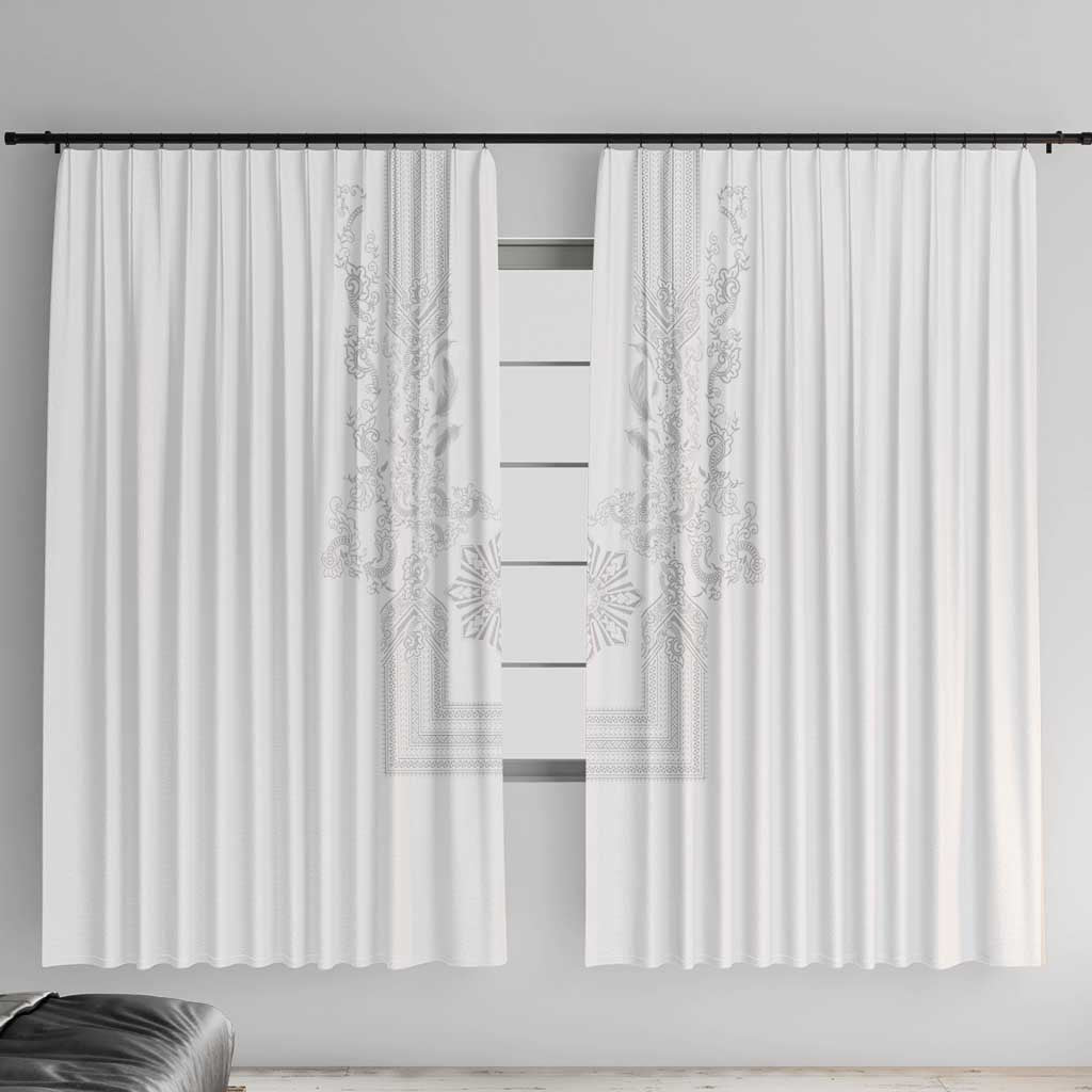 Philippines Barong Style Window Curtain with Polynesian Art and Leaf Motif White Color