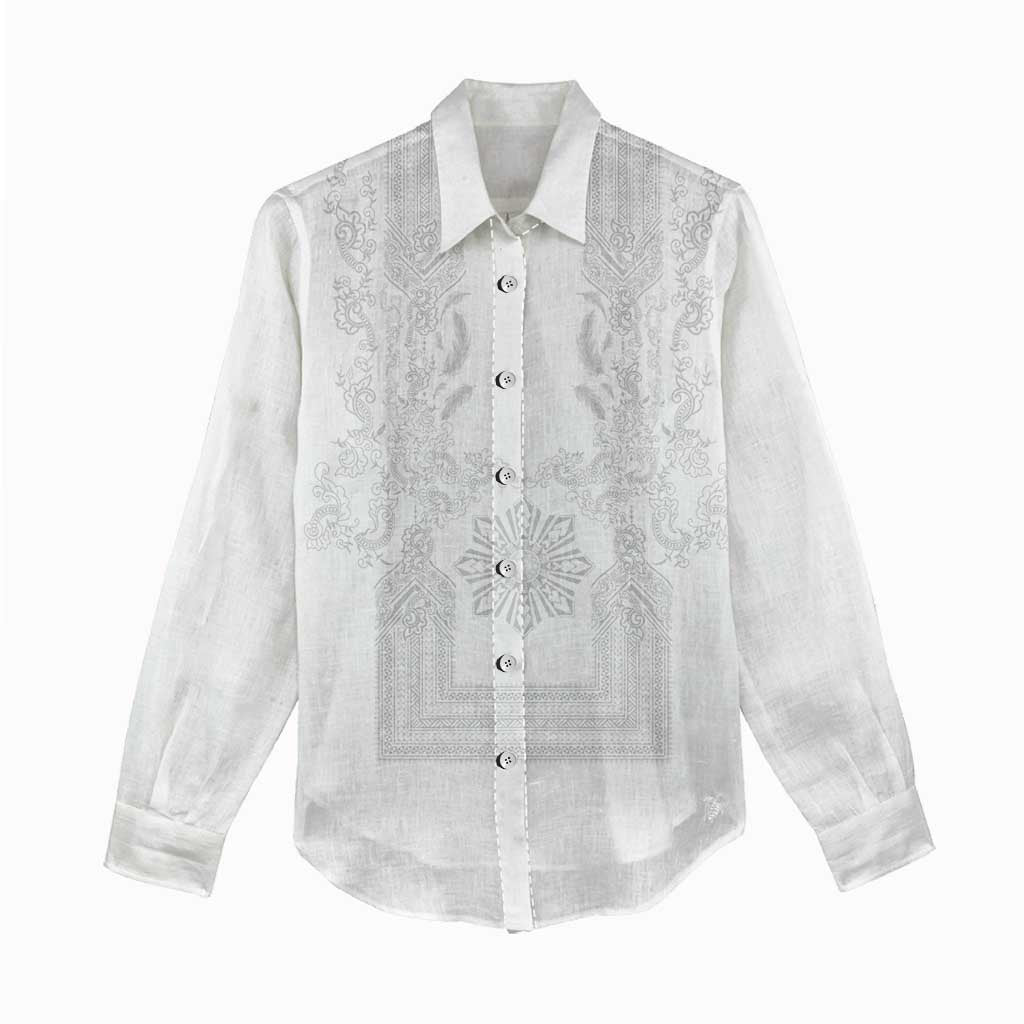 Philippines Barong Style Women Casual Shirt with Polynesian Art and Leaf Motif White Color LT03 - Polynesian Pride