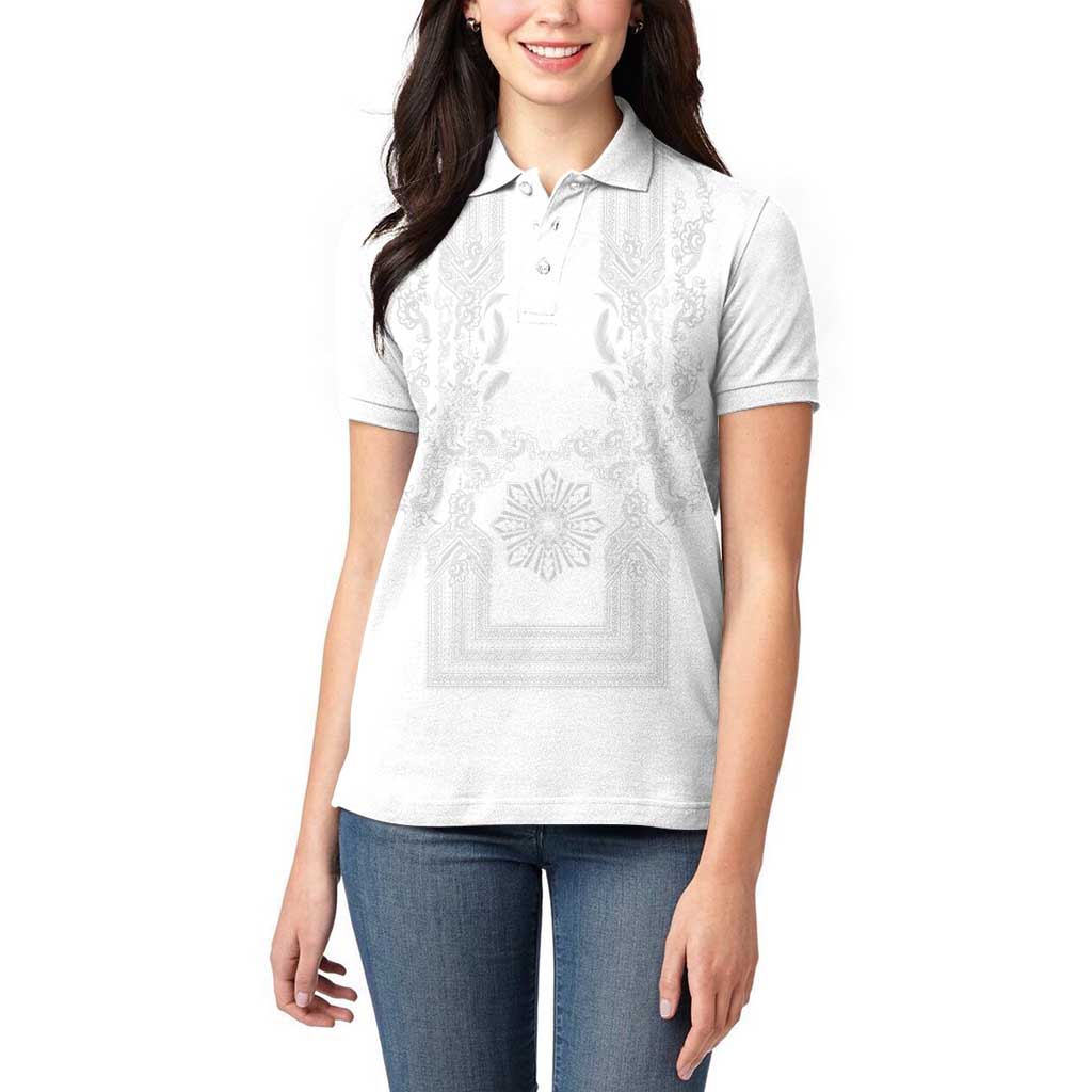 Philippines Barong Style Women Polo Shirt with Polynesian Art and Leaf Motif White Color LT03 - Polynesian Pride