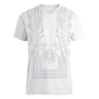 Philippines Barong Style Women V-Neck T-Shirt with Polynesian Art and Leaf Motif White Color LT03 Female White - Polynesian Pride