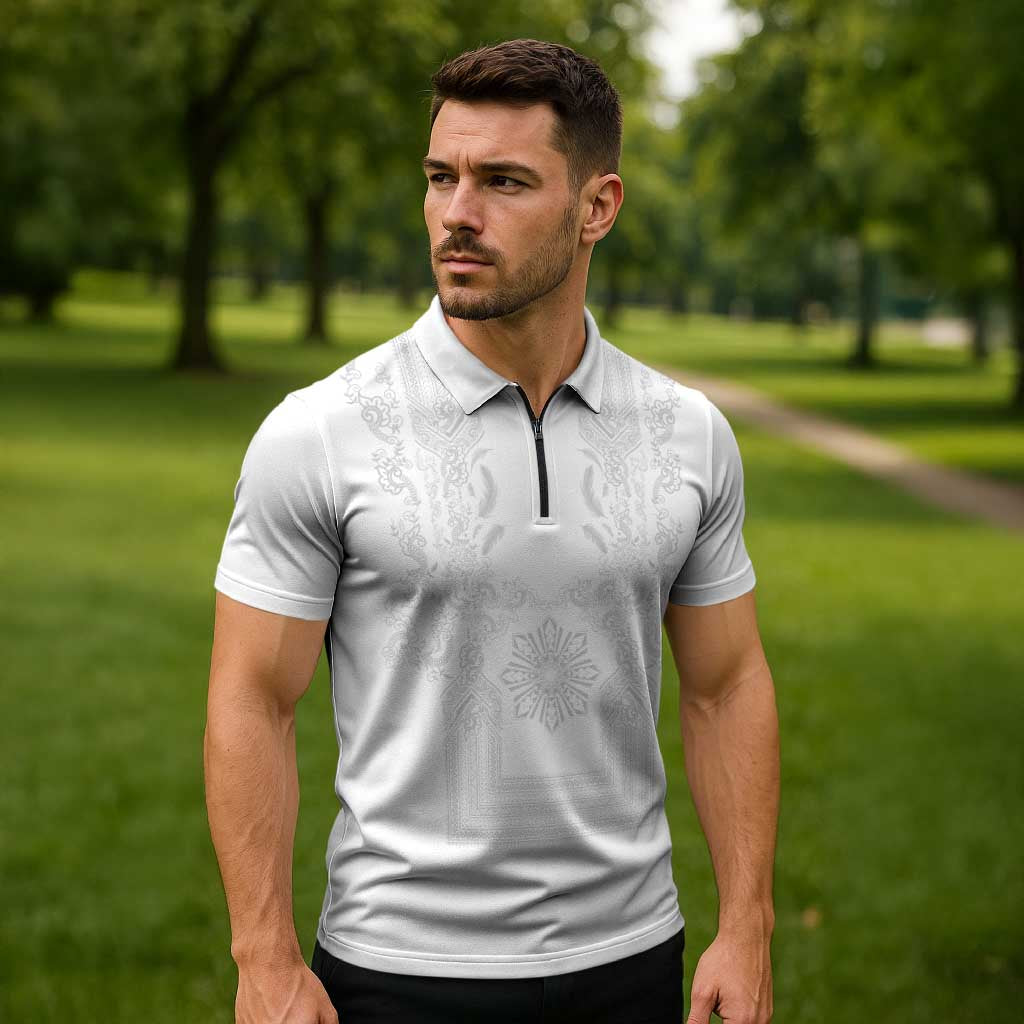 Philippines Barong Style Zipper Polo Shirt with Polynesian Art and Leaf Motif White Color