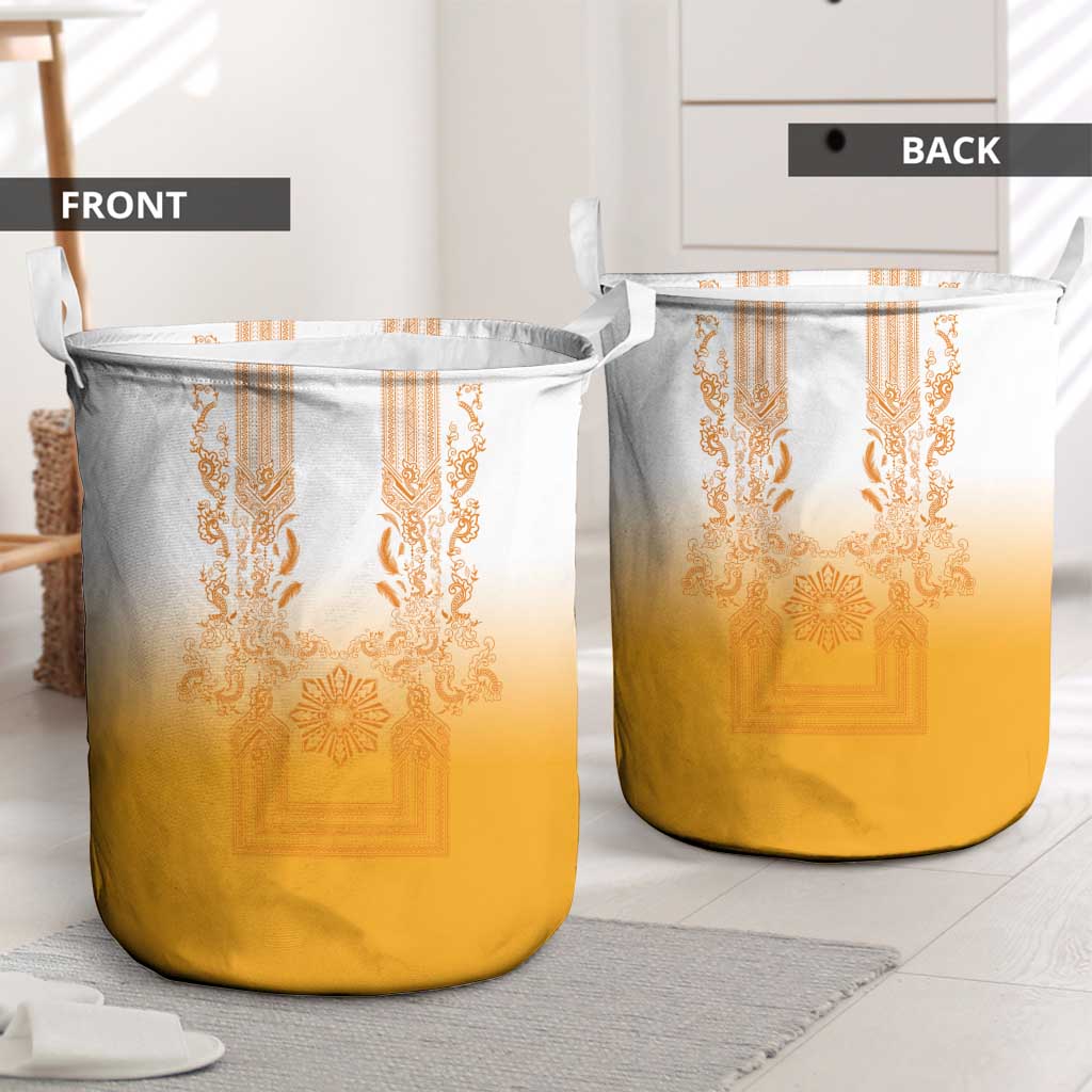 Philippines Barong Style Laundry Basket with Polynesian Art and Leaf Motif Yellow Color