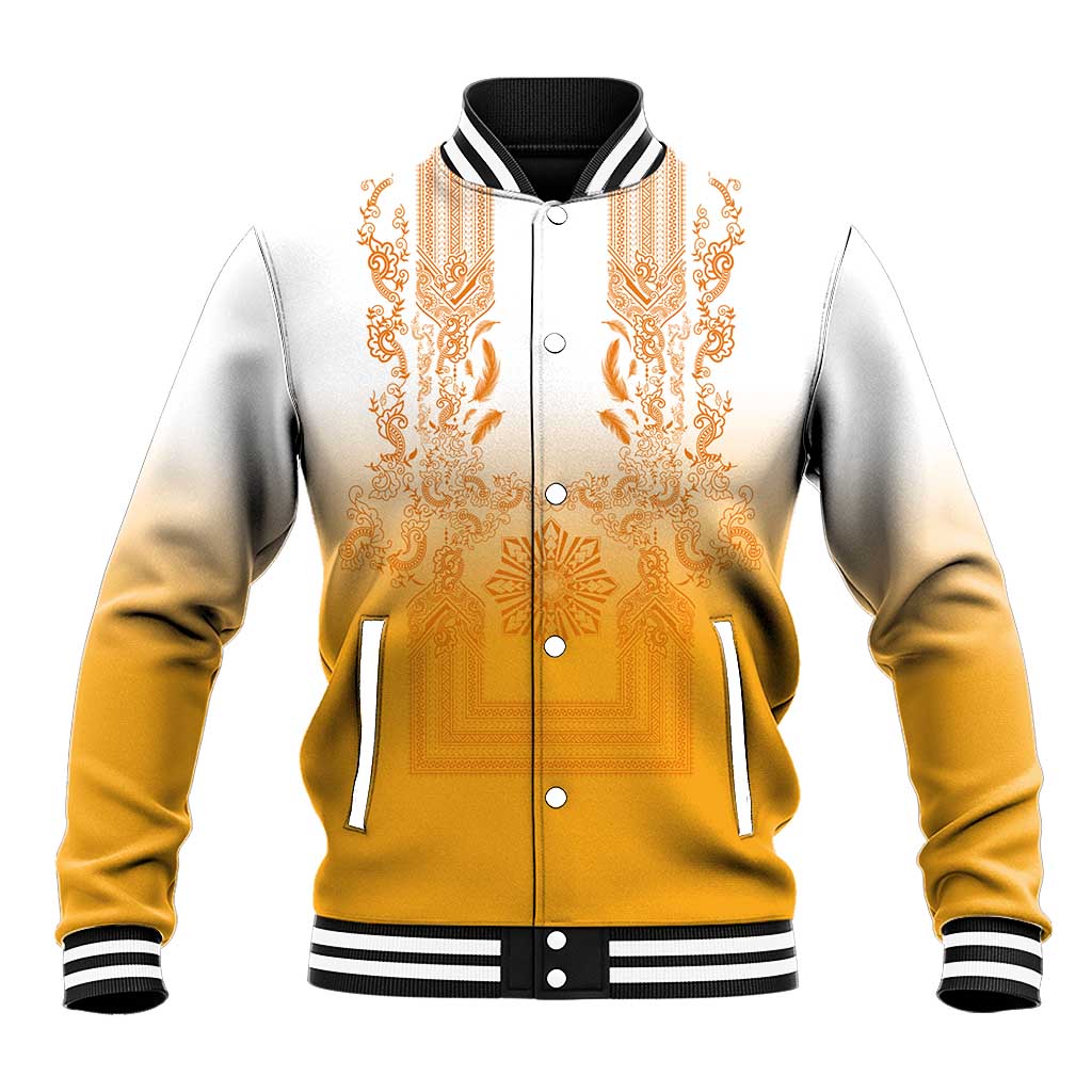 Philippines Barong Style Baseball Jacket with Polynesian Art and Leaf Motif Yellow Color