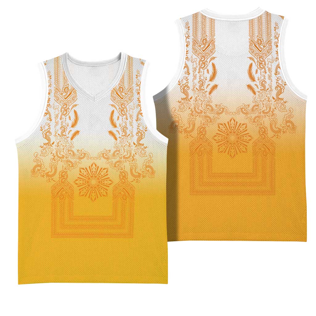 Philippines Barong Style Basketball Jersey with Polynesian Art and Leaf Motif Yellow Color