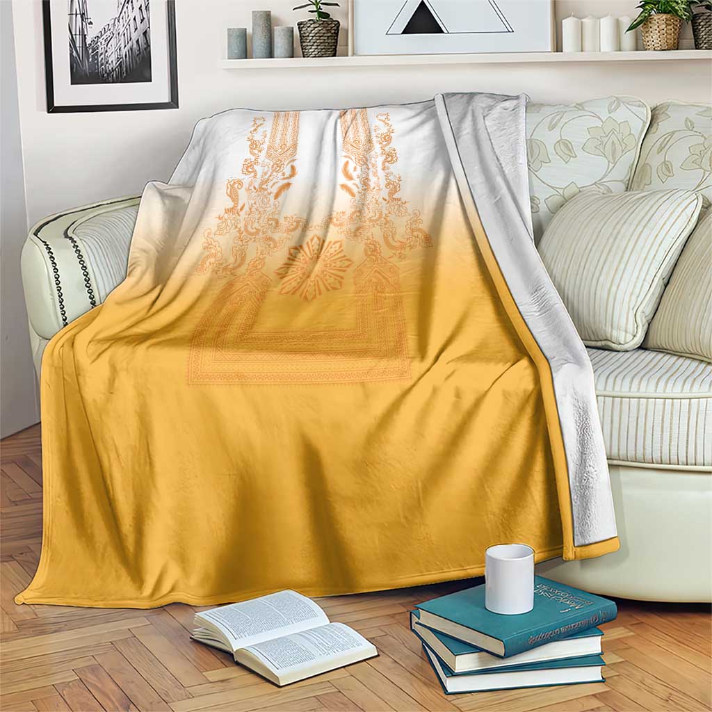 Philippines Barong Style Blanket with Polynesian Art and Leaf Motif Yellow Color