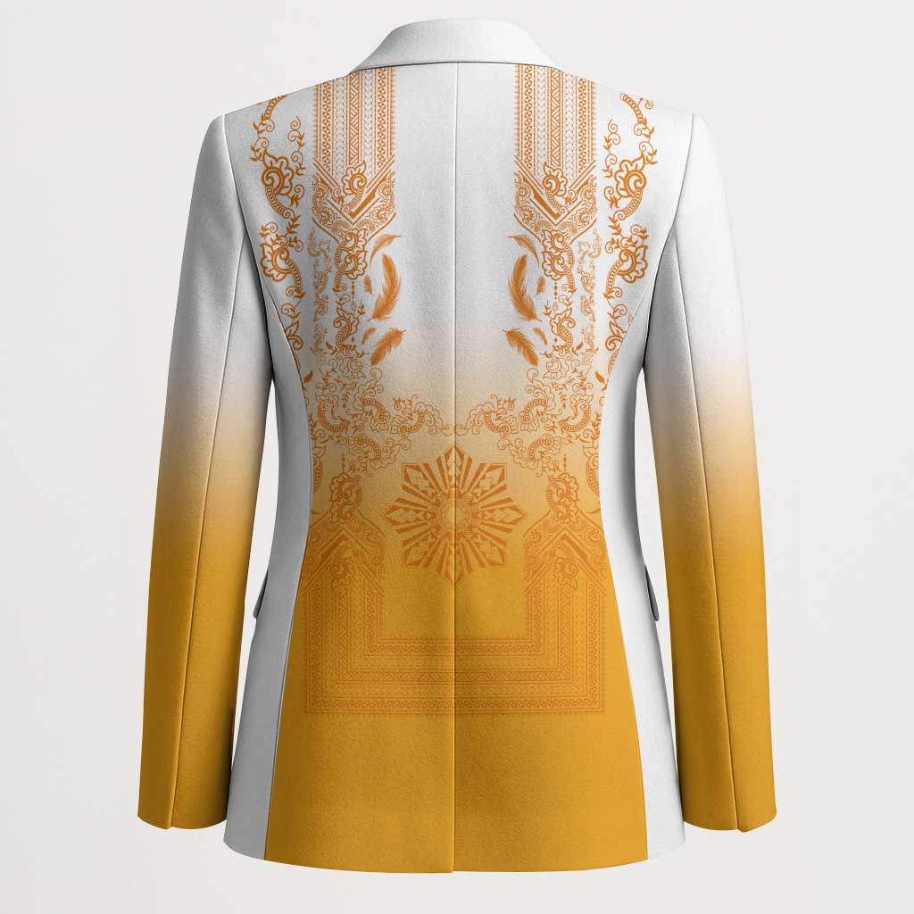 Philippines Barong Style Blazer with Polynesian Art and Leaf Motif Yellow Color