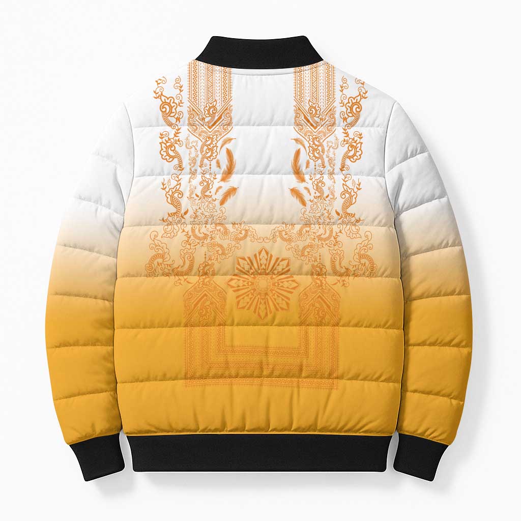 Philippines Barong Style Bomber Puffer Jacket with Polynesian Art and Leaf Motif Yellow Color